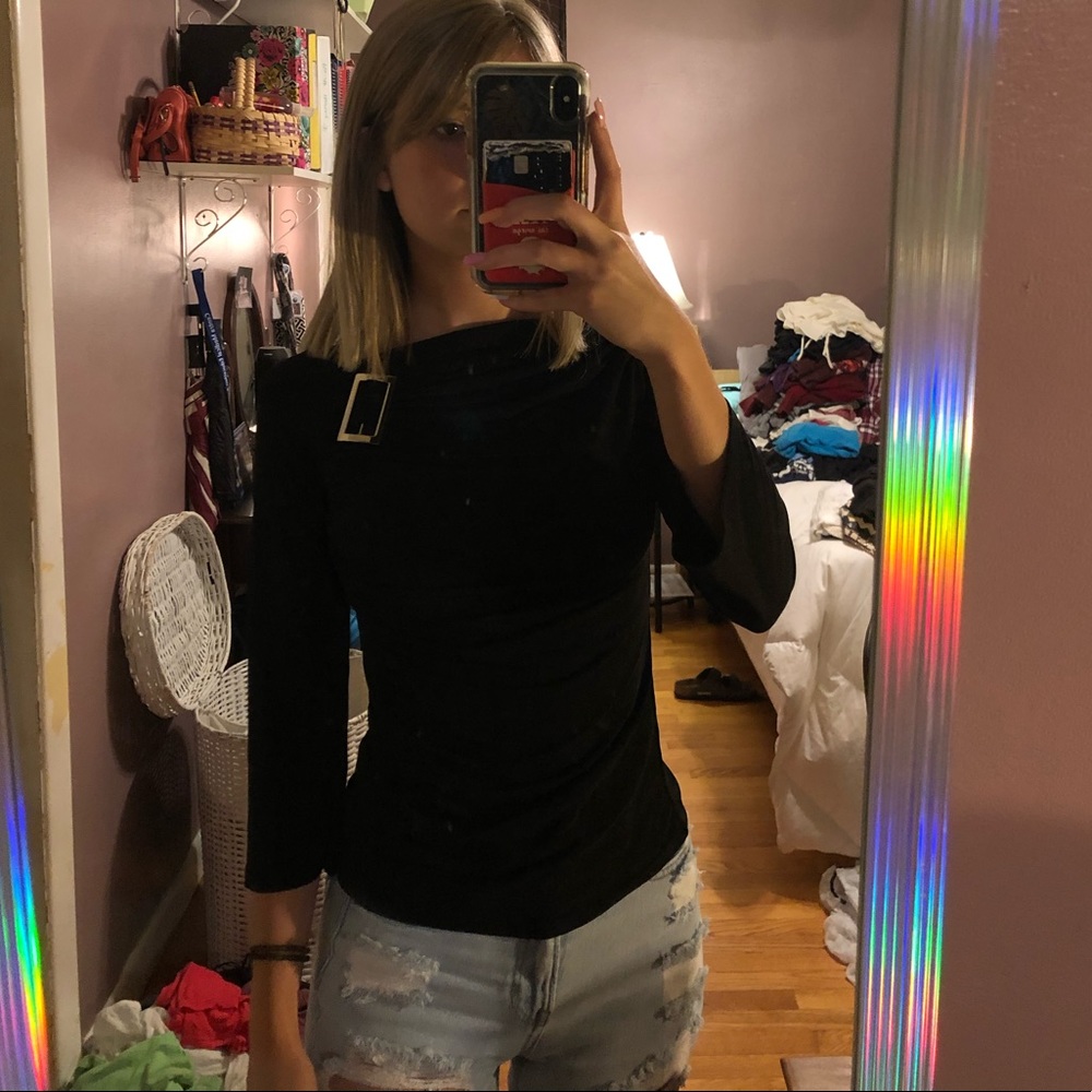 Black business casual top with silver clip